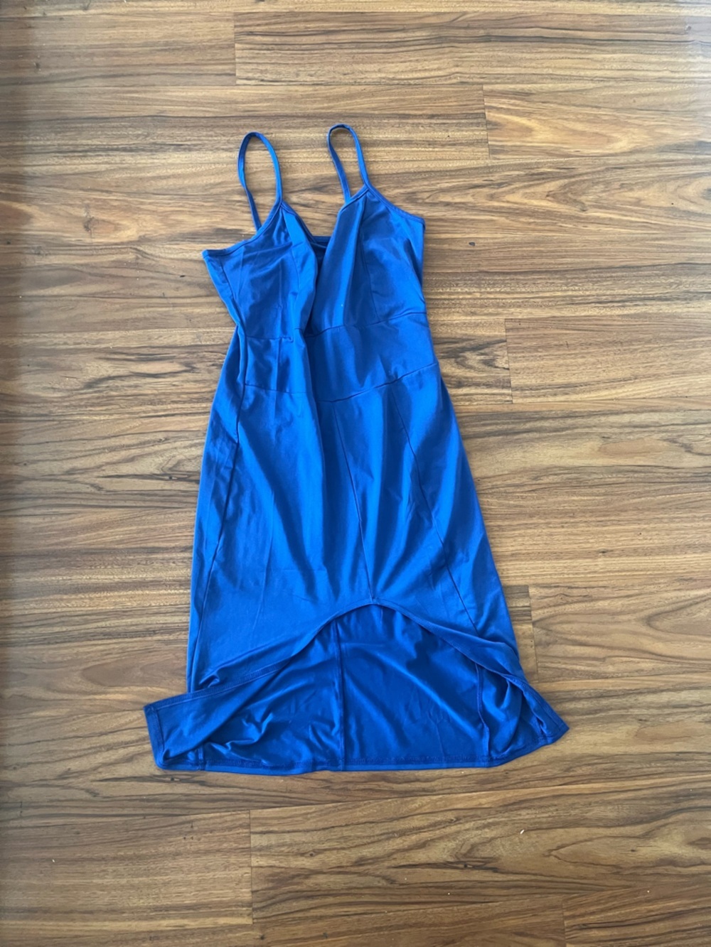 Sleek Cobalt Blue knee length bodycon Dress with Spaghetti Straps - Picture 3 of 5